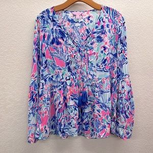 Lilly Pulitzer Kahli Bell Sleeve Top in Blue Grotto “Move it or Lose it” S